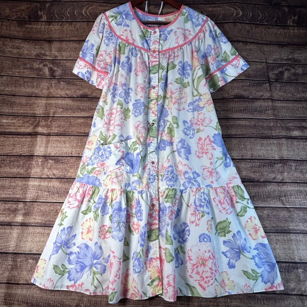 All Day Cafe Vintage Floral House Dress Blue Pink Button Front Muumuu Women L